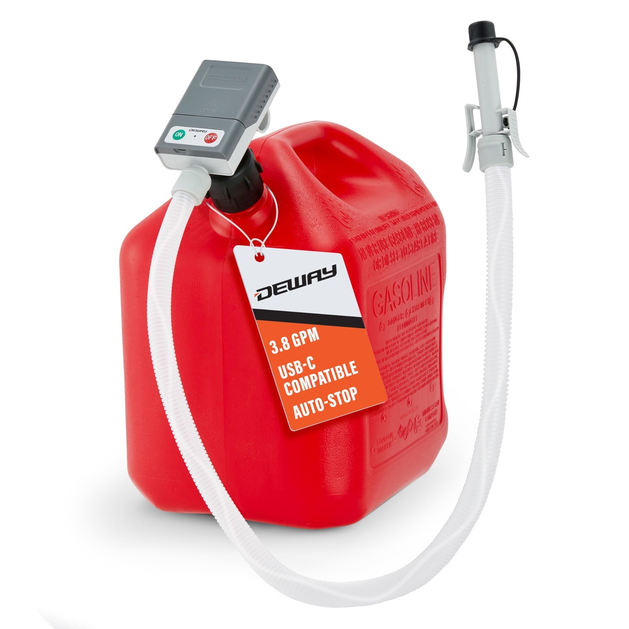 Deway Portable Fuel Transfer Pump — Battery Powered, Auto-Stop Nozzle, 3.8 GPM, 51in. Hose & Adapters, Model# WAYGCP38ASB